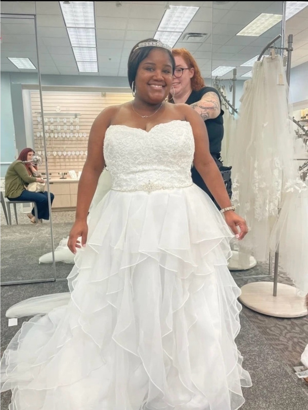 David's Bridal White Strapless Sweetheart Ruffled Wedding Gown
